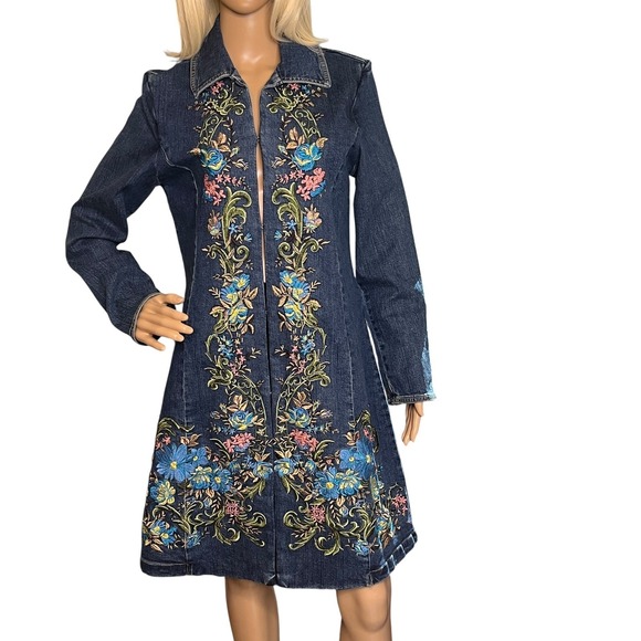 Denim Duster Jacket Floral Embroidered Jean Coat Festival Bohemian Womens Small - Picture 1 of 15